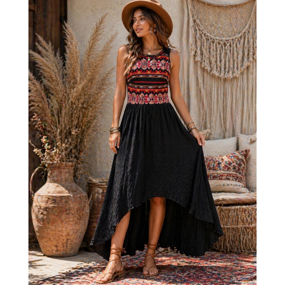 AGB Embroidered Boho High Low Maxi Dress Black Red Orange Size 12